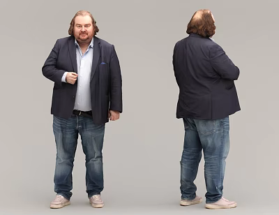 Man In Dark Blazer Light Blue Shirt Jeans Light Shoes Front Back Views Gray Background 3d model