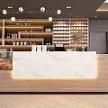 Sleek Restaurant Bar Area With Marble Countertop Pendant Lights And Shelves Displaying Goods