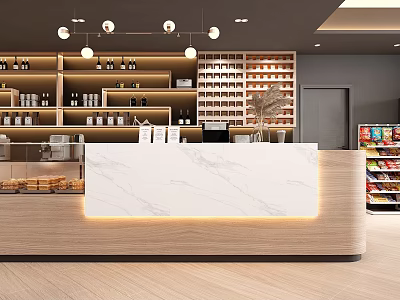 Sleek Restaurant Bar Area With Marble Countertop Pendant Lights And Shelves Displaying Goods 3d model