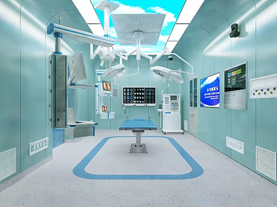 Modern Operating Room Interior With Blue Walls Surgical Table Lights And Medical Screens 3d model