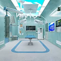 Modern Operating Room Interior With Blue Walls Surgical Table Lights And Medical Screens