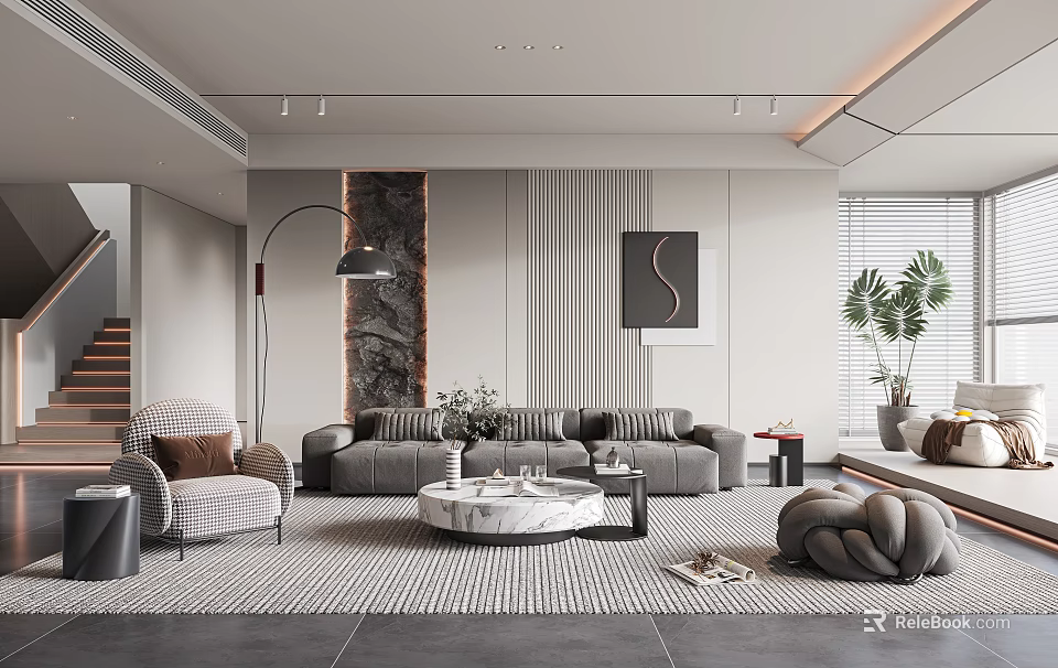 Modern Living Room Interior With Gray Sofa Round Coffee Table Floor Lamp And Decorative Painting 3d model 