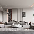 Modern Living Room Interior With Gray Sofa Round Coffee Table Floor Lamp And Decorative Painting