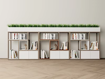 Modern Bookcase with Multiple Compartments Holding Books Decorative Items and Green Grass on Top 3d model