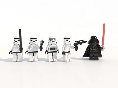 Set of Lego Stormtrooper Figures With Blasters And Darth Vader Holding Red Lightsaber 3d model