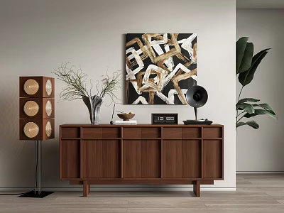 Walnut Console Table With Vase Dried Branches Picture Frame And Floor Lamp In Modern Entryway 3d model
