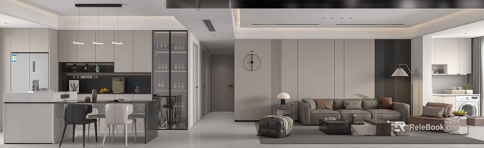 Modern Minimalist Open Concept Living And Dining Room With Elegant Neutral Tone Residential Interior Design 3d model 