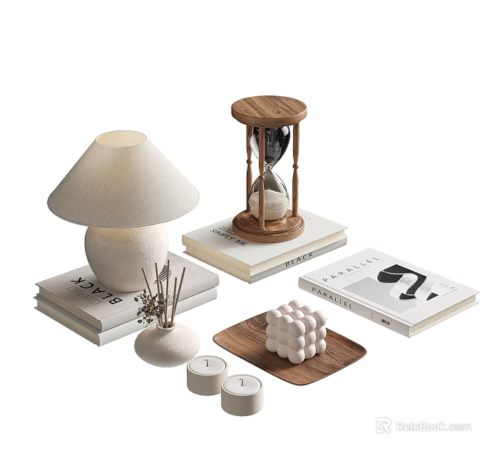 Modern Minimalist Decorative Ornament Set With Table Lamp Hourglass Books Candles And Geometric Decor 3d model 