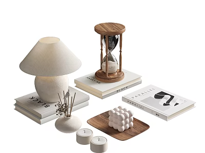 Modern Minimalist Decorative Ornament Set With Table Lamp Hourglass Books Candles And Geometric Decor 3d model