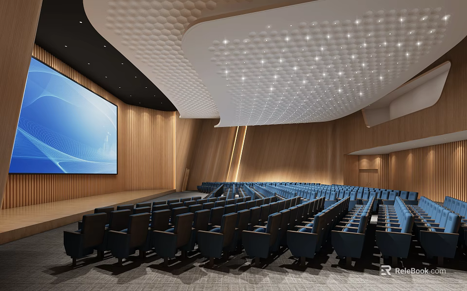 Large Modern Conference Room With Blue Seats Large Screen Wooden Walls And Ceiling Lighting 3d model 