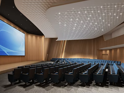 Large Modern Conference Room With Blue Seats Large Screen Wooden Walls And Ceiling Lighting 3d model