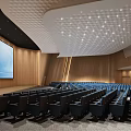 Large Modern Conference Room With Blue Seats Large Screen Wooden Walls And Ceiling Lighting