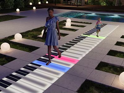 Park Landscape With Piano Keyboard Path Colorful Lights People Walking Round Lights And Pool Area 3d model