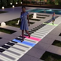 Park Landscape With Piano Keyboard Path Colorful Lights People Walking Round Lights And Pool Area