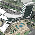 Modern Commercial Complex Featuring Parking Lot Plaza Green Areas And Urban Roads