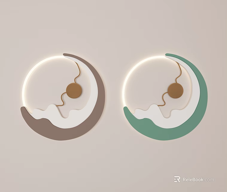 Modern Lighted Wall Hanging Decor with Moon Shape Wave Patterns and Brown Green Tones 3d model