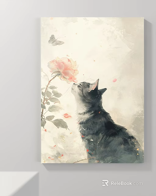 Plant Painting Featuring Black Cat Sniffing Pink Flower With Butterflies Leaves And Falling Petals 3d model 