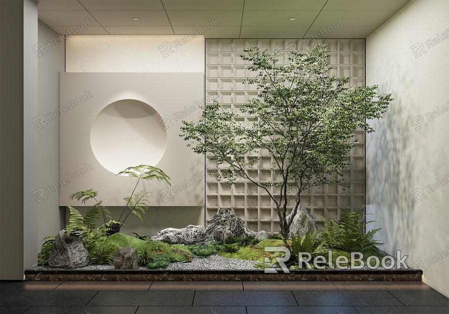 Modern landscape sketch courtyard sketch plant pile landscape tree fern stone pebble moss model