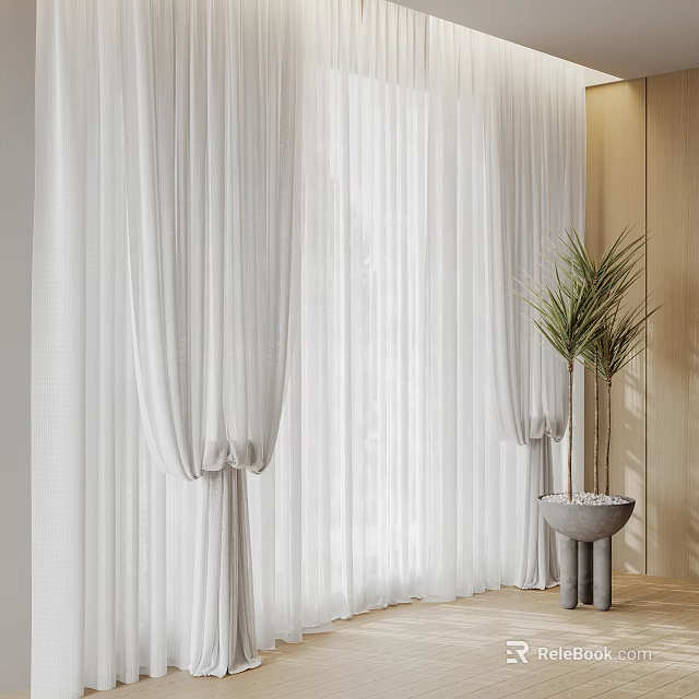 White Sheer Pleated Curtains With Tieback Design And Green Plant In Stone Planter 3d model 