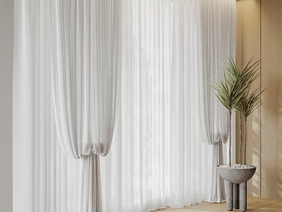 White Sheer Pleated Curtains With Tieback Design And Green Plant In Stone Planter 3d model
