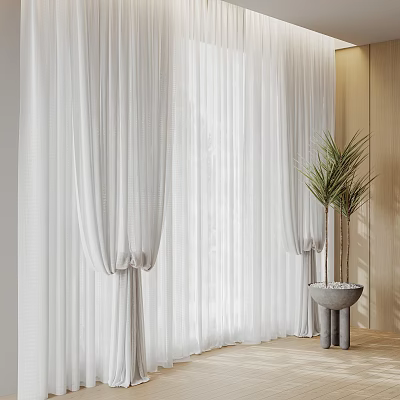 White Sheer Pleated Curtains With Tieback Design And Green Plant In Stone Planter 3d model