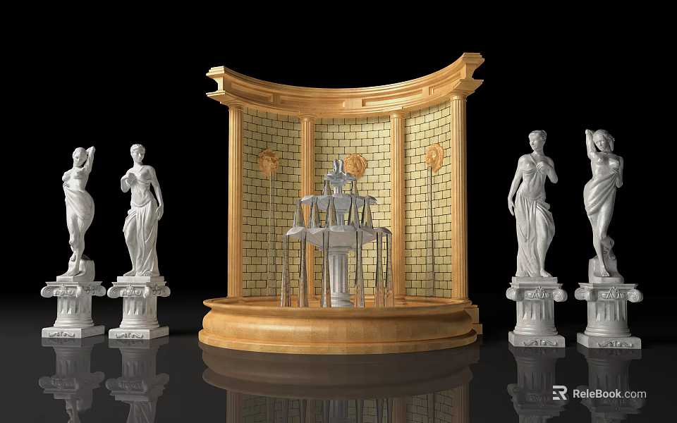Elegant Garden Ornament With Golden Curved Structure Central Chair And White Statues 3d model 