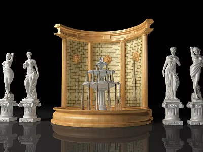 Elegant Garden Ornament With Golden Curved Structure Central Chair And White Statues 3d model