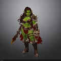 Green Skinned Female Warrior With Red Hair Flaming Weapon And Skull Decoration