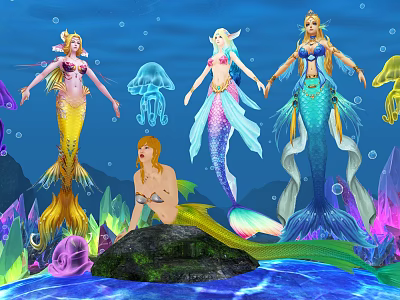 Mermaid Characters With Various Colored Tails Sitting On Rock Standing Near Jellyfish Bubbles Colorful Corals 3d model