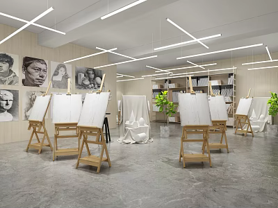 Book Art Studio Featuring Easels White Canvases Portrait Paintings And Green Plants 3d model