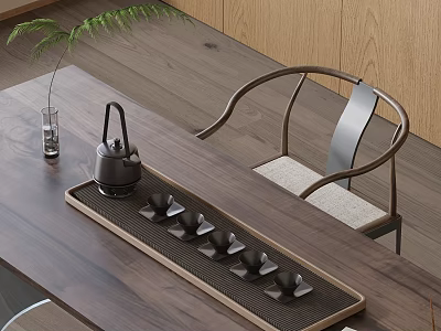 Elegant Tea Set with Teapot Cups and Tray on Wooden Table with Chair and Green Plant 3d model
