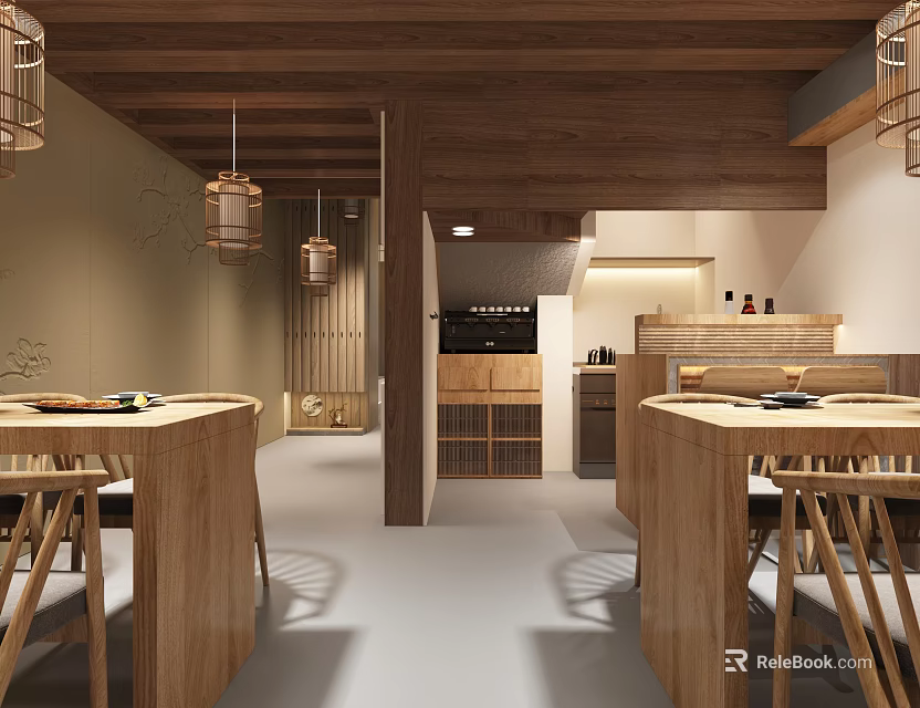 Modern Restaurant Interior With Wooden Dining Tables Hanging Lanterns And Open Layout 3d model 