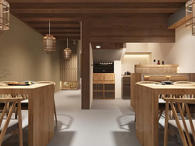 Modern Restaurant Interior With Wooden Dining Tables Hanging Lanterns And Open Layout 3d model