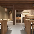 Modern Restaurant Interior With Wooden Dining Tables Hanging Lanterns And Open Layout