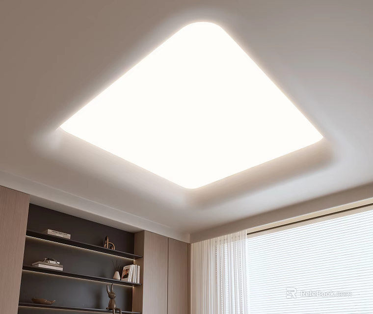 Modern Ceiling Design With Square Light And Cabinets By Window 3d model 