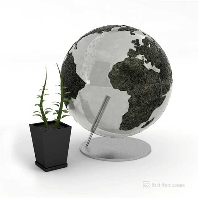 Decorative Ornament Set with Transparent Globe Silver Base and Black Pot Green Plant 3d model 