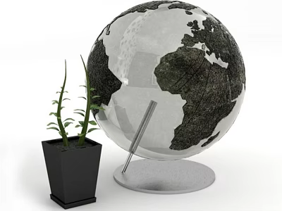 Decorative Ornament Set with Transparent Globe Silver Base and Black Pot Green Plant 3d model