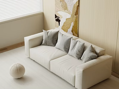Modern White Sectional Sofa with Gray Cushions in Interior with Abstract Painting and Blinds 3d model