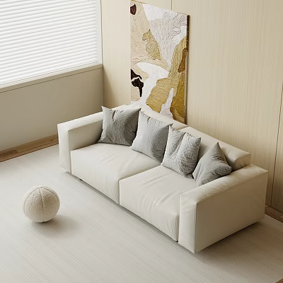 Modern White Sectional Sofa with Gray Cushions in Interior with Abstract Painting and Blinds 3d model