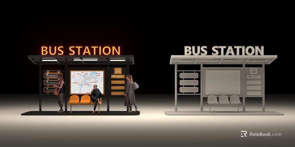 Bus Station Photo Spot with Neon Sign Map Board and Benches for Visitors 3d model 