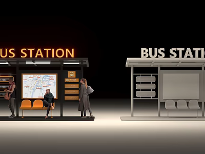Bus Station Photo Spot with Neon Sign Map Board and Benches for Visitors 3d model