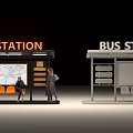 Bus Station Photo Spot with Neon Sign Map Board and Benches for Visitors