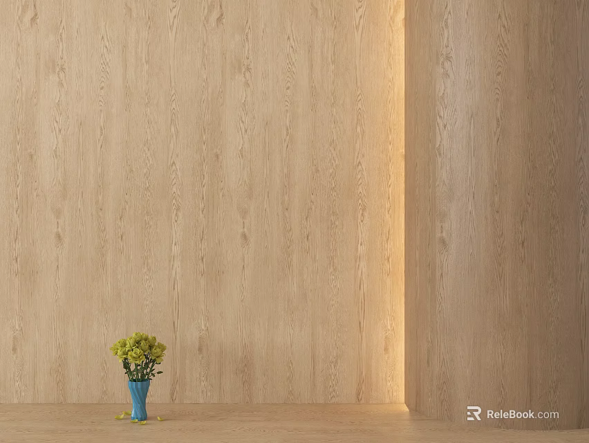 Light Wood Grain Wall And Floor Interior With Blue Vase And Yellow Flowers 3d model 