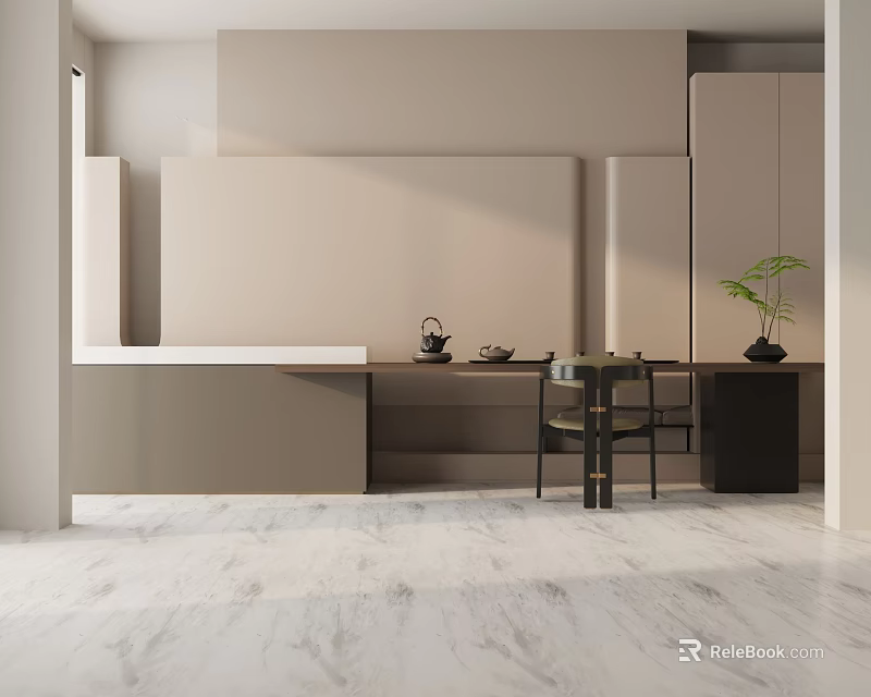 Modern Dining Table Set Featuring Black Chairs Potted Plant And Light Neutral Cabinets 3d model