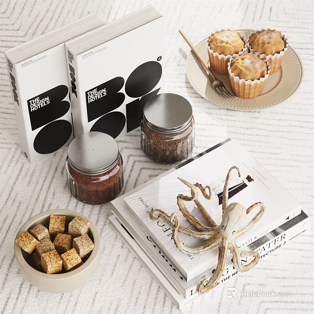 Modern Decorative Ornament Set With Glass Jars Metal Octopus Books Muffins And Sugar Cubes 3d model 