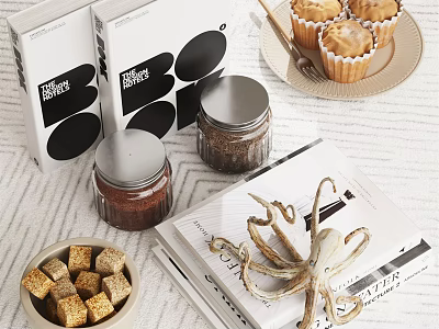 Modern Decorative Ornament Set With Glass Jars Metal Octopus Books Muffins And Sugar Cubes 3d model