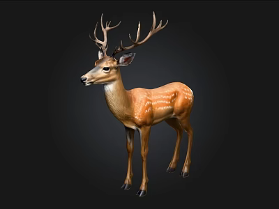 Realistic Standing Deer Figure With Large Antlers And Brown Fur 3d model