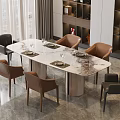 Stylish Rectangular Marble Top Dining Table With Brown And Black Leather Chairs In Modern Dining Room 3d model