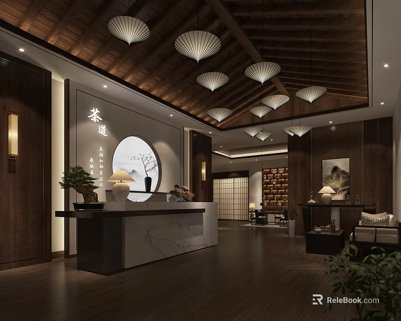 Traditional Chinese Teahouse Interior With Wooden Ceiling Hanging Lanterns And Tea Ceremony Decor 3d model 