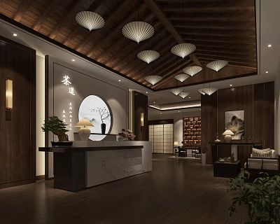 Traditional Chinese Teahouse Interior With Wooden Ceiling Hanging Lanterns And Tea Ceremony Decor 3d model